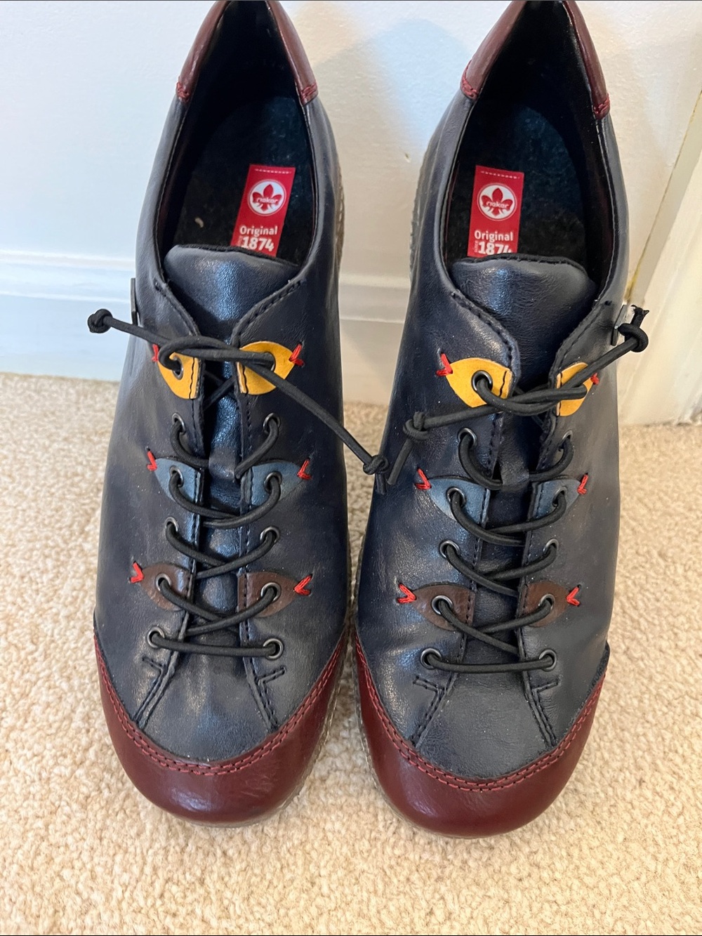 Rieker Navy, Burgundy & Yellow Leather Lace-Up Flats